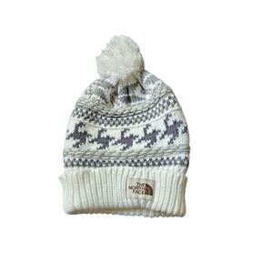 The North Face Pom Beanie Winter Hat Fair Isle Knit Acrylic White‎ Gray